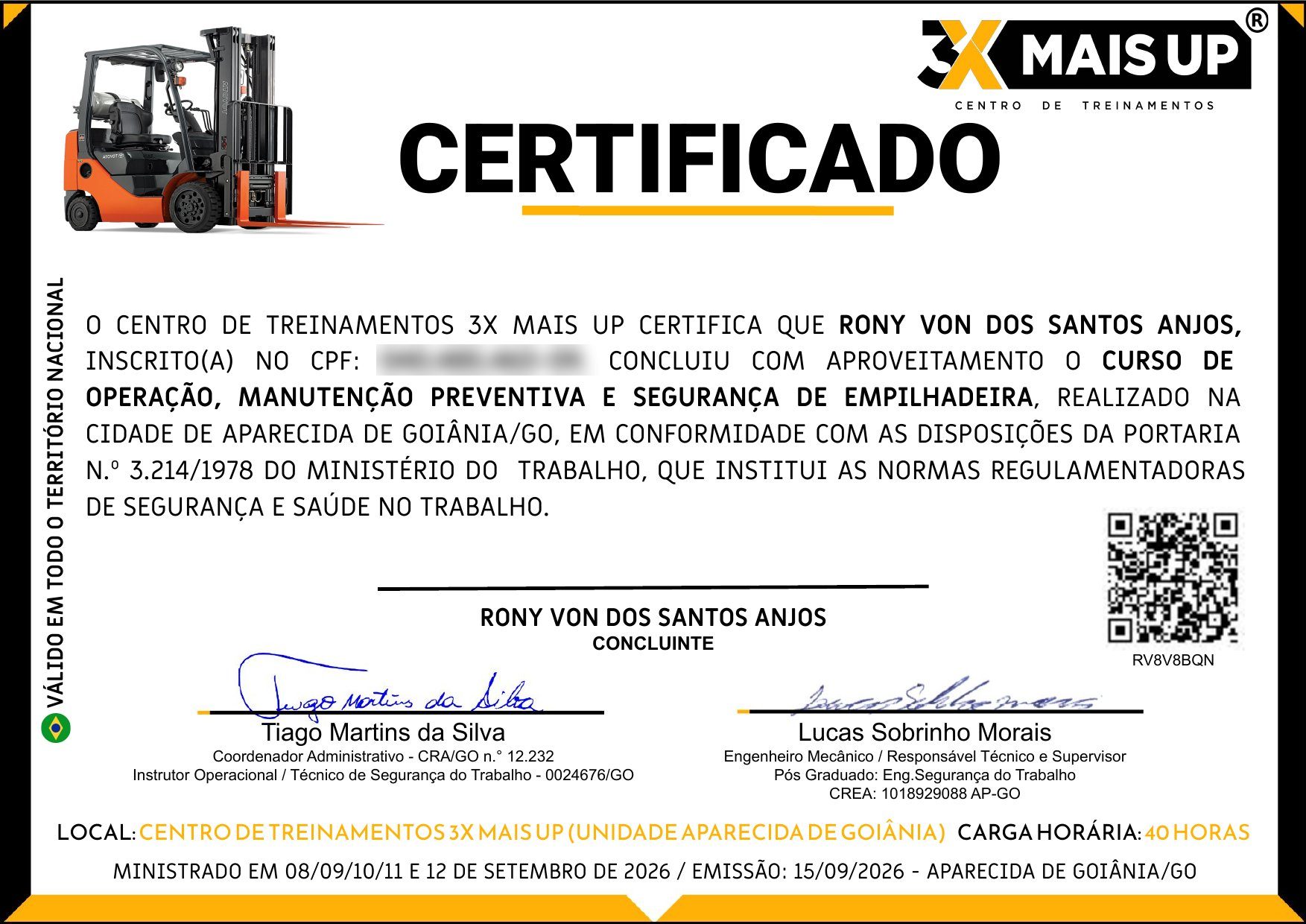 Modelo de certificado 3X MAIS UP — frente