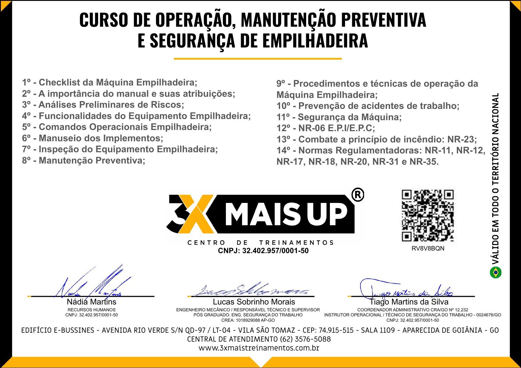 Modelo de certificado 3X MAIS UP — verso com conteúdo programático